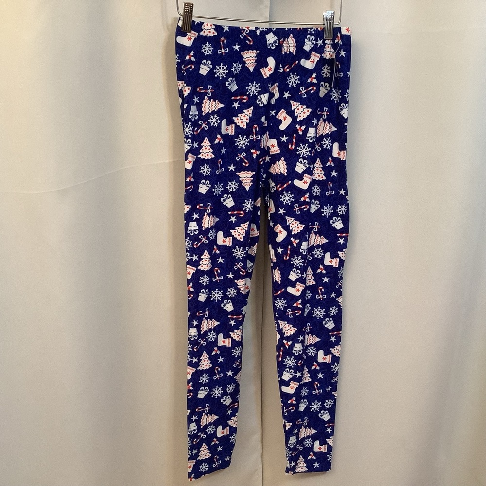 Leggings Women’s Size 2-10 Elastic Waistband Blue Christmas Pattern